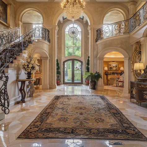 Elegant Entrance in Vanna White’s Beverly Hills Mansion Mansion Entryway, Mediterranean Foyer, Modern French Mansion, Grand Staircase Entrance, Mansion Hallway, Celebrity Houses Mansions, House Entrance Ideas, Mansion Entrance, Luxury Foyer