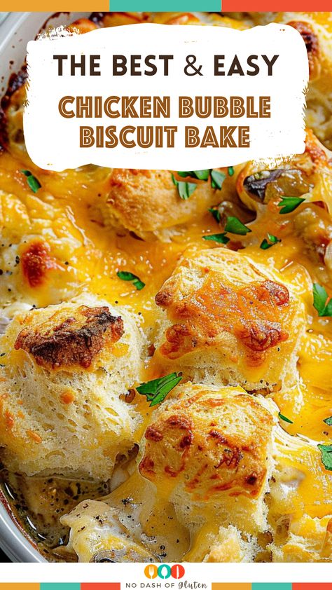 This Easy Chicken Bubble Biscuit Bake is a comfort food classic! Juicy chicken, creamy soup, ranch seasoning, and fluffy biscuits topped with gooey cheddar cheese. Perfect for busy weeknights or a cozy family meal. Save this pin and try it tonight! Creamy Chicken And Biscuits Recipe, Chicken Ranch Biscuit Casserole, Buffalo Chicken Biscuits, Soup With Biscuits On Top, Chicken Bubble Biscuit Bake, Chicken Bubble Biscuit Bake Casserole, Chicken And Buscuits, Chicken And Biscuit Bake, Chicken Biscuit Bake