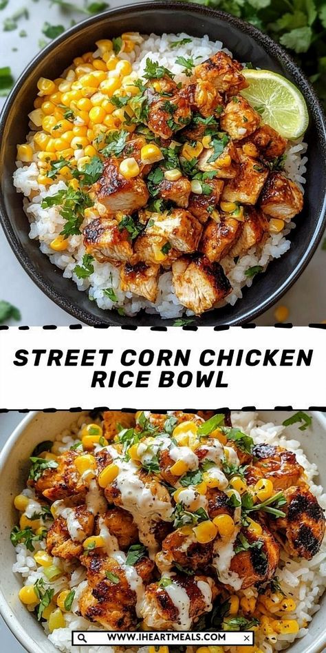 Indulge in a colorful rice bowl that brings together juicy chicken, luscious street corn, and a tangy sauce for a meal that's both invigorating and soothing. Ideal for a speedy weeknight dinner or prepping ahead, this dish delivers a delightful harmony of flavors that you'll want to enjoy again and again. Street Corn Chicken Rice Bowl, Healthy Meal-prep Recipes, Healthy Fast Dinner Recipes, Diner Ideas Recipes, Lunch Meal Prep For The Week, Healthy Meal Prep For The Week, Fun Dinner Ideas For Family, Healthy Dinner Recipes For Weight Losing, High Protein Meals Dinner