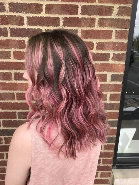 Pink balayage just in time for spring 💕 Pink Balayage Highlights, Pink Hair Brunette Balayage, Brunette With Blonde And Pink Highlights, Pale Pink Highlights In Brown Hair, Colourful Balayage Hair, Pink Bolyoge Hair, Curly Brown Hair With Pink Highlights, Pink Brown Blonde Hair, Brown To Pink Balayage Short Hair