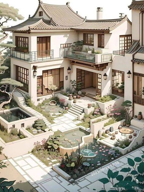 Japanese Cottage House, Japanese Style Houses, Japanese Style Mansion, Japanese Luxury House, Sims 4 Old Money House, Tokyo Houses, Japanese House Aesthetic, Japanese Exterior Design, Japan House Exterior