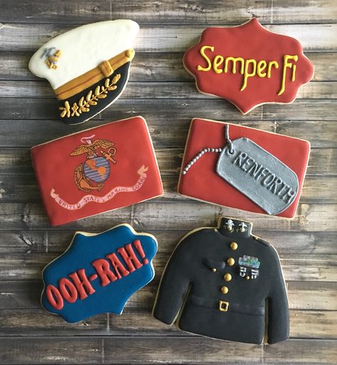 Ooh-Rah! Marine Cookies Marine Corps Cookies Decorated, Marine Cookies Decorated, Marine Corps Decorations Party, Marine Corps Cookies, Marine Corps Retirement Cake, Marine Retirement Party, Marine Corps Retirement Party Ideas, Usmc Cookies, Marines Birthday