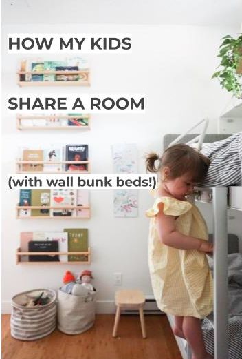 Our 5 year old and 2 year old share a room in our 1 bedroom apartment. It works better than you would think. Though we have had our challenging nights... Wall Bunk Beds, Kids Rooms Shared, Resource Furniture, Shared Kids Room, Shared Room, Old Room, Kid's Bedroom, Room Update, Small Space Solutions