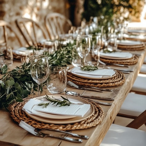 Embrace the beauty of simplicity with this elegant rustic wedding table decor featuring natural woven chargers, greenery accents, and soft neutral tones. The greenery table runner adds a touch of nature, bringing the outdoors in, while the natural textures elevate the overall aesthetic. Save this pin for inspiration on crafting the perfect rustic wedding reception! #RusticWedding #WeddingDecor #NaturalWedding #WeddingInspiration #OutdoorWedding Rustic Chic Table Decor, Farm Table Wedding Layout, Natural Table Settings Wedding, Country Chic Table Setting, Barn Wedding Table Setting Round, Rustic Dinner Table Setting, Eco Friendly Wedding Table Setting, Rustic Rectangle Wedding Tables, Wedding Place Settings Boho