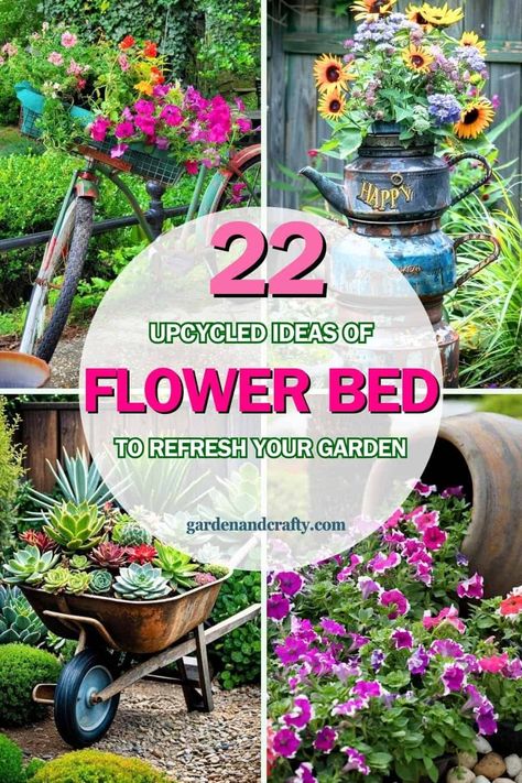 22 Creative Upcycled Flower Bed Ideas to Refresh Your Garden Diy Flower Beds In Front Of House Cheap, Bed Frame Garden Ideas, Recycled Garden Bed Ideas, Boat Flower Bed, Bedding Plants Border, Suitcase Garden, Metal Bed Frame Flower Bed, Bed Frame Flower Garden, Broken Pot Garden