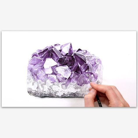 The purple and white Amethyst crystal is a challenge to paint so in this tip video, I take you through the challenge of painting one in watercolour. Crystal Reference, Crystals Art Drawing, Watercolor Crystals, Watercolor Lesson, Crystals Watercolors, Anna Mason, Q Tip Painting, Drawing Realistic, Art Realism