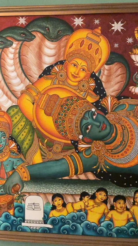 Vishnu Mural Painting, Ananthasayanam Mural Painting, Kerala Mural Painting Shiva Parvati, Kerala Mural Painting On Canvas, Vaikunta Ekadashi, Mural Sketch, Ravivarma Paintings, Mural Art Design, Mural Paintings