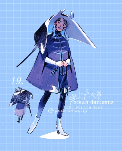 Manta Ray Character, Stingray Character Design, Nautical Character Design, Ocean Themed Character Design, Manta Ray Mermaid, Deep Sea Character Design, Manta Ray Character Design, Ocean Themed Outfits Male, Shark Inspired Outfit