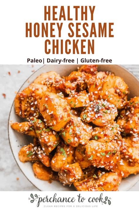 Paleo Skillet Honey Sesame Chicken recipe. A simple yet delicious honey sesame skillet recipe that comes together quickly, and is naturally Paleo, Gluten-free, Dairy-free, Grain-free and YUMMY. Soy Free Chicken Recipes, Paleo Sesame Chicken, Honey Sesame Chicken Recipe, Honey Sesame Chicken, Sesame Chicken Recipe, Honey Sesame, Healthy Honey, Clean And Delicious, Cooking Recipes Healthy