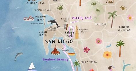 San Diego Bucket List, Mission Beach San Diego, California Cities, San Diego Map, San Diego City, Old Town San Diego, La Jolla Cove, Imperial Beach, Bike Route