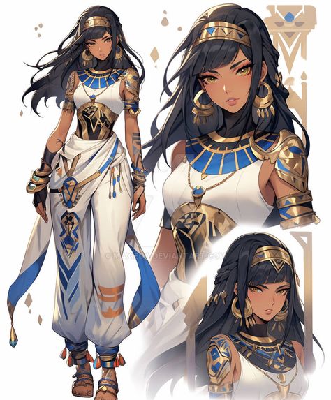 Female Egyptian Goddesses, Egyptian Queen Outfit, Fantasy Egyptian Warrior, Desert Character Design, Egyptian Oc, Egyptian Character Design, Egyptian Royalty, Egyptian Clothing, Anime Egyptian