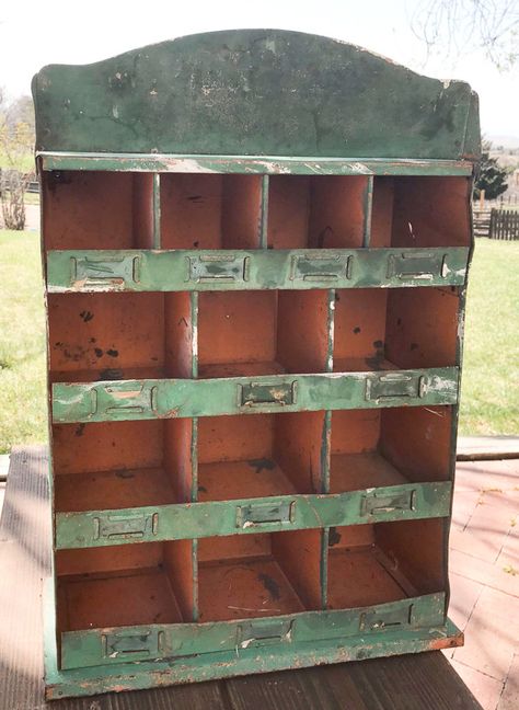 Chalk Painted Vintage Metal Cubby Painted Cubby Storage, Farmhouse Cubbies, Vintage Cubbies, Vintage Cubby, Iowa Farmhouse, Cubby Ideas, Wall Cubbies, Metal Bins, Glitter Room