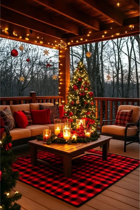 Enchant Your Holidays: Magical Outdoor Christmas Decorating Ideas for 2024 Back Deck Christmas Decor, Christmas Tree On Balcony, Raised Ranch Christmas Decor Outside, Christmas Decor Ideas Backyard, Outdoor Christmas Balcony Ideas, Outdoor Holiday Lighting Ideas, Outdoor Christmas Decor Inspiration, Holiday Patio Decorating Ideas, Deck Decorating Christmas