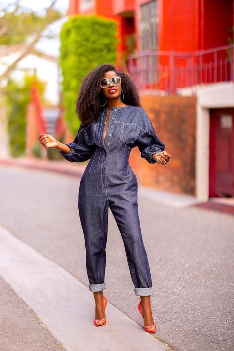 Denim Boiler Jumpsuit Boiler Jumpsuit Outfit, Fashion For Black Women, Black Women Streetwear, Black Women Outfit Ideas, Denim Jumpsuit Outfit, Outfit Ideas For Black Women, Outfits For Black Women, Women Fashion Ideas, Style Pantry