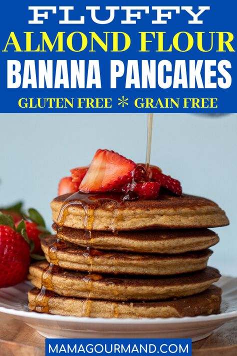 Fluffy Almond Flour Banana Pancakes are so light, fluffy, and tender you won't believe they are grain free and gluten free! Almond Flour Banana Pancakes recipe whips up quickly in a blender for a low carb, high protein breakfast treat! #almondflourpancakes #easy #keto #grainfreepancakes #glutenfreepancakes #fluffy #lowcarb #banana #vegan Almond Flour Banana Pancakes, High Protein Low Carb Breakfast, Almond Flour Banana, Gluten Free Banana Pancakes, Grain Free Pancakes, Banana Oat Pancakes, Almond Flour Pancakes, Gluten Free Bagels, No Flour Pancakes