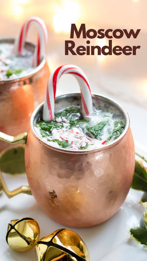 Moscow Reindeer Grinch Moscow Mule, Reindeer Moscow Mule, Mistletoe Mule Recipe, Gingerbread Moscow Mule, Drunk Reindeer Drink, Winter Moscow Mule, Holiday Moscow Mule Recipe, Reindeer Mule, Winter Cocktail Ideas