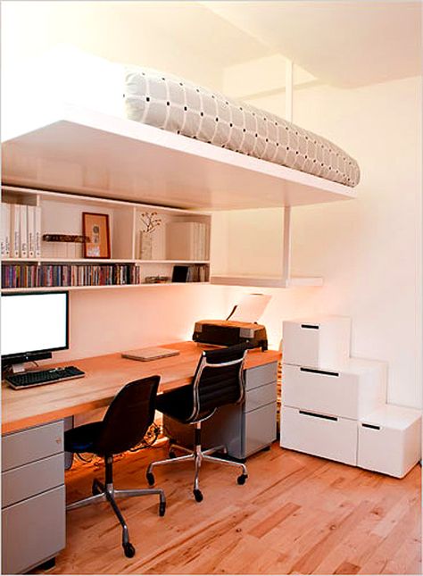 Loft bed over desk, with stairway made of file cabinets! Cool Loft Beds, Apartemen Studio, Cozy Loft, Small Bedroom Furniture, Small Room Design, Bedroom Loft, Space Decor, Decorating Small Spaces, Furniture Arrangement