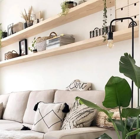 Sofa Wall Shelves, Storage Shelf Behind Couch, Boho Wall Above Couch, Wall Shelves Living Room Behind Couch, Shelving Above Couch, Shelves Behind Desk, Living Room Shelves Above Couch, Bookshelves Above Couch, Wall Shelf Behind Couch