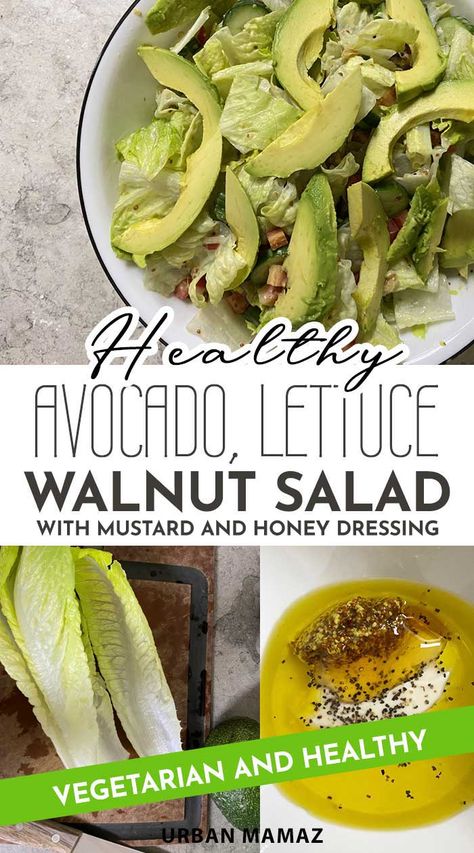 Healthy Avocado, Lettuce and Walnut Salad with Mustard and Honey Dressing - Urban Mamaz #healthyrecipes #veganfood #vegetarianfood #healthyrecipes #healthyfood Bbq Dinner Party, Honey Salad Dressing, Best Salad Dressing, Delicious Vegetarian Recipes, Honey Dressing, Healthy Avocado, Chicken Chunks, Avocado Salad Recipes, Bbq Dinner