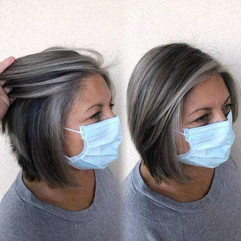 Hair With Silver Highlights, Brown Hair With Silver Highlights, Gray Bob, Grey Brown Hair, Black And Grey Hair, Silver Hair Highlights, Grey Bob Hairstyles, Gray Hair Styles, Balayage Bob