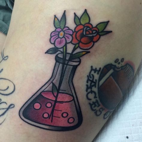 Flask Tattoo, Science Tattoo, Conical Flask, Science Tattoos, Food Tattoos, Sweet Tattoos, Tattoo Parlors, Halloween Tattoos, American Traditional Tattoo