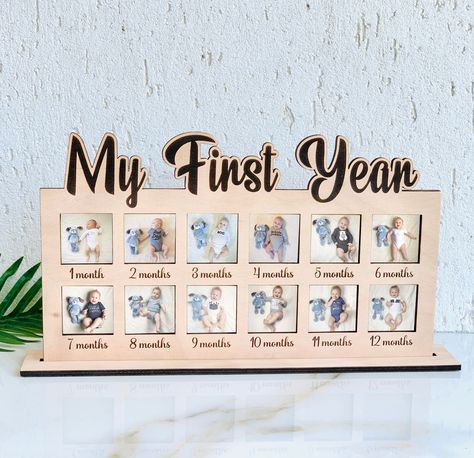 Engraved Baby Gifts, Baby Photo Frames, First Year Photos, Laser Cut Wood Crafts, Baby Birthday Gifts, Laser Engraved Ideas, Personalized Newborn, My First Year, Photo Frame Design