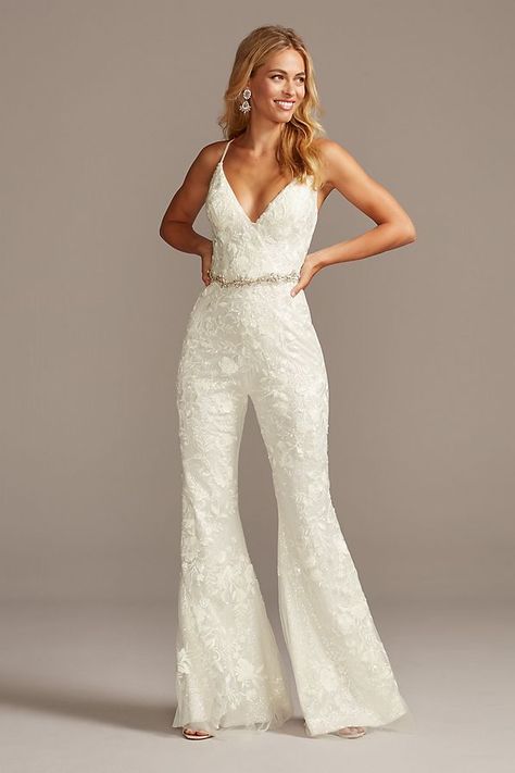 Floral Overlay Flare Leg Sequin Wedding Jumpsuit | David's Bridal Wedding Jumpsuits, Colour Names List, Jumpsuit Style, Reception Outfit, Floral Overlay, Bridal Jumpsuit, Sequin Wedding, Wedding Jumpsuit, Tulle Ball Gown