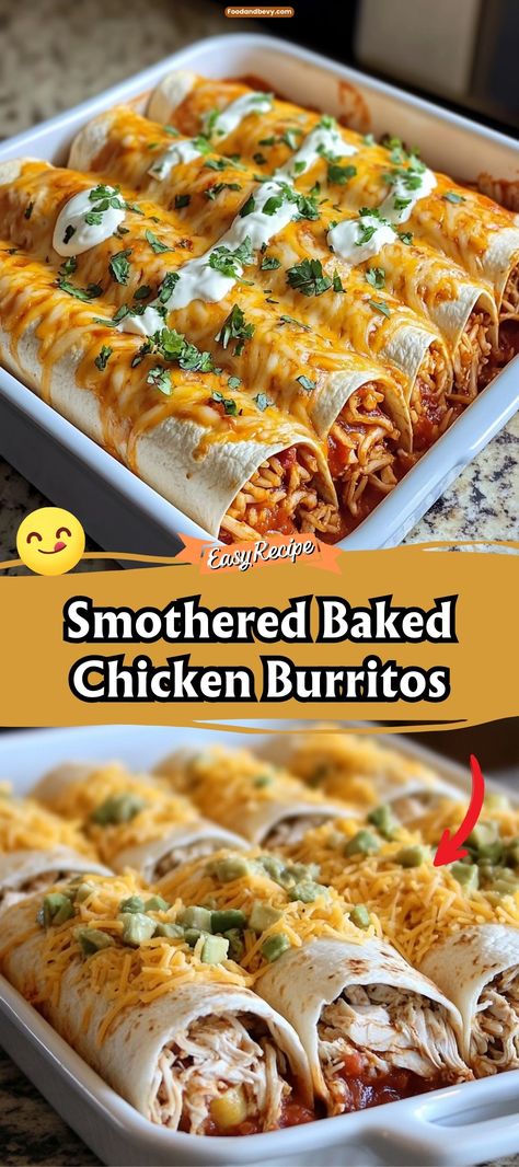 Enjoy a hearty meal with Smothered Baked Chicken Burritos, where tender chicken, beans, and cheese are wrapped in soft tortillas and baked under a layer of savory sauce and more cheese. These burritos are a crowd-pleaser, perfect for family dinners or when you need to satisfy a serious hunger. #ChickenBurritos #FamilyDinner #BakedBurritos Smothered Chicken Burritos, Baked Chicken Burritos, Smothered Baked Chicken, Chicken Burritos Recipe, Burrito Recipe Chicken, Slow Cooker Mexican Chicken, Chicken Beans, Beans And Cheese, Green Chili Sauce