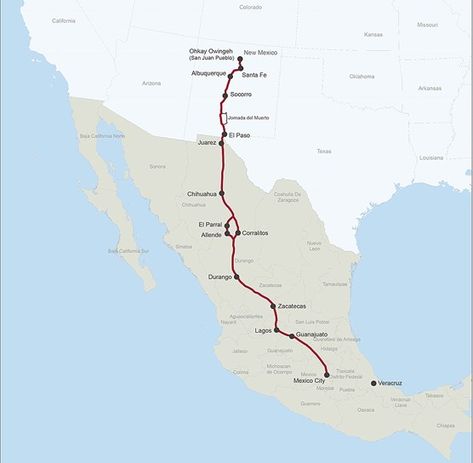 A map depicting a trail from Santa Fe, NM, south through Texas, to Mexico City. Real Mexico, Camino Real, Bureau Of Land Management, Printable Maps, México City, Old Maps, Trail Maps, Interactive Map, National Park Service