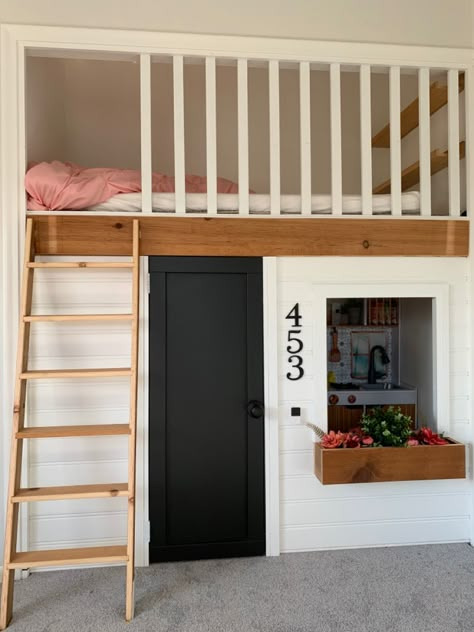 4 Loft Beds In One Room, Closet Turned Playroom, Closet Playhouse Ideas, Playhouse Bunk Beds, Closet Loft Bed, Closet To Playhouse, Loft Bed Playroom, Closet Turned Into Bedroom, Loft Playhouse