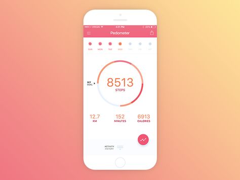 Pedometer App by Gabriel Paunescu Step Counter App, Step Counter, Calorie Counter, Mobile App Design, Nintendo Wii Controller, Ios Apps, App Ui, App Design, Creative Professional