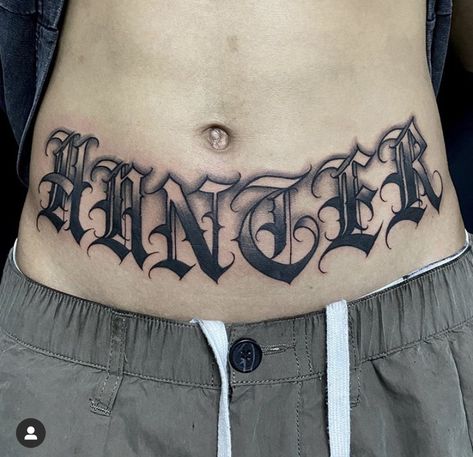 Stomach Script Tattoos Men, Stomach Text Tattoo, Last Name Stomach Tattoos, Old English Stomach Tattoo, Tummy Tattoo Men, Stomach Lettering Tattoos Men, Stomach Script Tattoo, Lower Stomach Tattoos For Men, Belly Tattoo Men