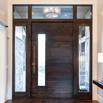 Modern Single Front Door, Statement Entry Door, Windowless Front Door, Modern Exterior Front Door, Full Light Front Door, Narrow Front Door Entry Exterior, Modern Craftsman Front Door, Wide Front Door Ideas, Mountain Home Front Door