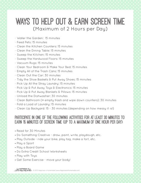 Printable Chore List to Earn Screen Time Earn Screen Time, Screen Time Chart, Summer Rules, Screen Time Rules, Kids Cell Phone, Screen Time For Kids, Chore List, Chore Chart Kids, Family Rules