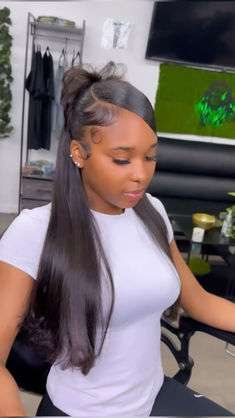 Homecoming Hairstyles Side Part, Slick Back Wig Install, Straight Half Up Half Down Hairstyles, Slick Side Part Ponytail, Half Up Half Down Quick Weave Straight, Styles With Wigs, Hairstyles For 8th Grade, Loose Hair Styles, Fake Hair Hairstyles