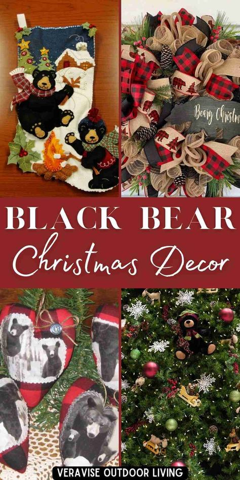 Bring a bit of the Smokies home with these rustic cabin black bear Christmas decorations. #cabindecor #rusticcabin #christmas #blackbear #smokymountains #homedecor Mountain Lodge Christmas Decor, Bear Themed Christmas Tree, Bear Christmas Decorations, Lodge Christmas Decor, Bear Decorations, Bear Home Decor, Christmas Lodge, Traditional Colonial, Colonial Christmas