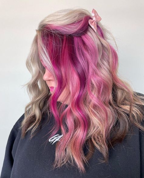 Fun Underneath Hair Color, Short Pink Blonde Hair, Blonde Hair With Fun Color Underneath, Valentines Hair Color Ideas, Hair Pink Underneath, Blonde With Vivid Peekaboo, Blonde And Pink Color Block Hair, Blonde With Pink Peekaboo, Platinum Blonde Hair With Pink Peekaboo