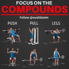 A compound movement A compound movement is an exercise that requires the movement of at least 2 joints (for ex. shoulders & elbows) and consequently works multiple muscle groups at the same time. 80% of your time in the gym should be spent on these compounds movements and getting stronger in them if you want to see a difference in your physique. The other 20% can be spent on isolation exercises.There are 6 types of compound movements aka the BIG 6! Leg Transformation, Push Pull Workout, 2 Joints, Ectomorph Workout, Belly Flab, Push Pull Legs, Workout Man, Gym Antrenmanları, Compound Exercises