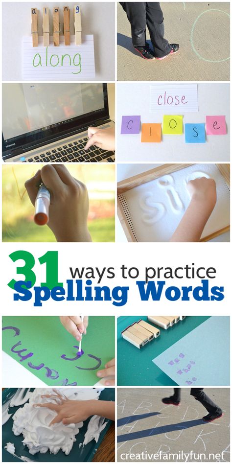 31 Ways to Practice Spelling Words. Fun and creative ideas to help kids have fun while they're learning. They'll love practicing their spelling words! Kinesthetic Spelling Activities, Practice Spelling Words At Home, Ways To Practice Spelling Words, Spelling Word Games, Practice Spelling Words, Spelling Word Activities, Spelling Word Practice, Spelling Help, 1st Grade Spelling