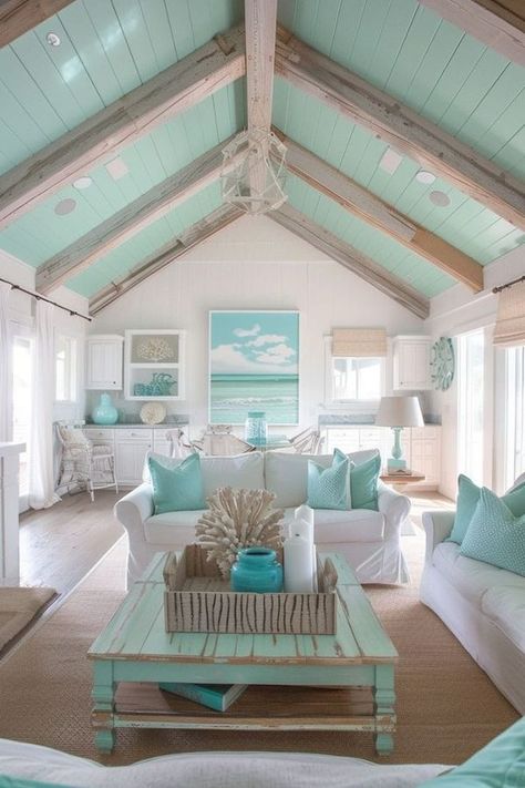 What’s up BEACHES? | #whatsupbeaches  The ceiling in this Beach Park Model, is gorgeous | Facebook Beach Cottage Decor Living Room, Beach Cottage Style Living Room, Beach Cottage Living Room, Small Beach Cottages, Small Beach Cottage, Modern Beach Cottage, Beach Cottage Ideas, Coastal Farmhouse Design, Small Beach Houses