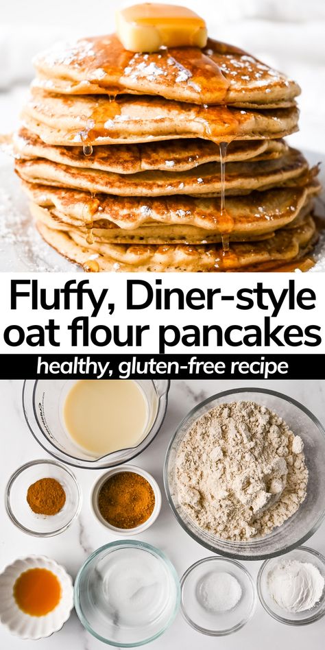 Oat flour pancakes are the perfect healthy choice for a hearty, nutritious breakfast for the weekend or weekday! No banana needed for these fluffy, delicious pancakes! Made with oat milk, gluten free whole grains and a few other simple ingredients. Breakfast is on the table so quick, in just 15 minutes! Oat Pancakes No Banana, Pancake Recipe Healthy Oatmeal, Mini Pancake Maker, Oat Flour Pancakes, Whole Grain Pancakes, Oat Flour Recipes, Banana Oat Pancakes, Delicious Pancakes, No Flour Pancakes