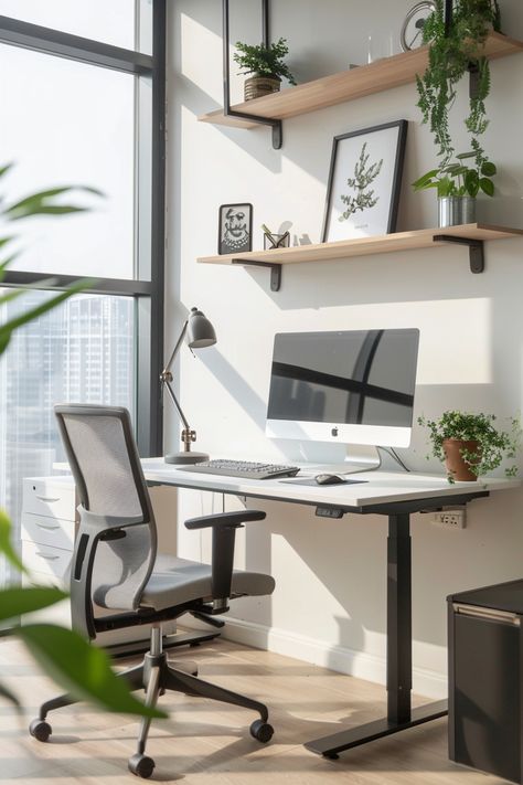 Transform Your Workday: Chic Home Office Setup with Stunning City Views Imac Desk, Chic Home Office, Apple Imac, Modern Home Office, Home Office Setup, Adjustable Height Desk, Work Desk, Office Setup, City Views