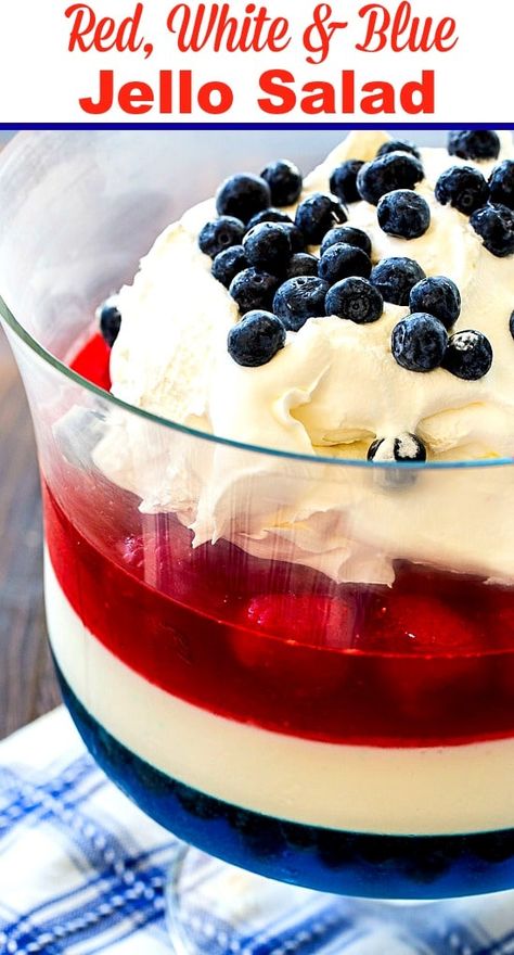 Red, White & Blue Jello Salad makes a great patriotic dessert #4thofjuly Recipes For 4th Of July, Jello Salad Recipes, 4th Of July Jello, Memorial Day Desserts, Gelatin Salad, Blue Salad, Blue Jello, Patriotic Desserts, Trifle Dish