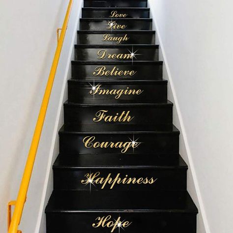 PRICES MAY VARY. Acylic Material: The surface of this stairway decal is smooth, watertight, which is very suitable for decorating your family.This wall sticker is made of high quality acrylic material, durable, and non-aging Adhensive Back: Back with adhesive, easy to install, the stair riser can be directly pasted on a smooth surface.Product Size: Approx. 44 x 113 cm/17.3 x 44.5 inch Speical Design: With English letter on the surface, the floor decor has a fashion sense, which can make your hom Spiegel Diy, Stair Decals, Word Art Quotes, Stair Stickers, Stair Wall, Mirror Wall Living Room, Home Decor Quotes, Mirror Stickers, Wall Stickers Home Decor