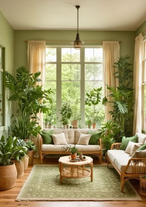 Forest Style Living Room, Living Room With House Plants, Cosy Living Rooms Ideas, Pistachio Green Room, Green Wall Living Room Ideas, Jade Green Living Room, Green Cozy Living Room, Plant Wall Living Room, Living Room Green Walls