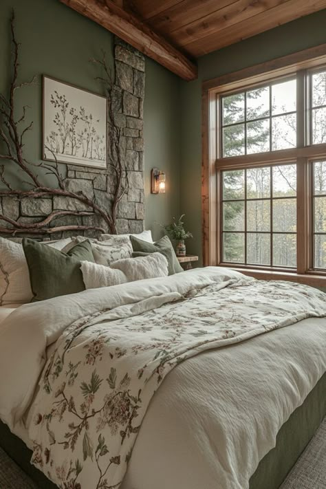 Woodland Whisper Room Rustic Farmhouse Bedroom Ideas Color Schemes, Rustic Bedroom Wall Decor Ideas, Wilderness Themed Bedroom, Rustic Forest Bedroom, Woodland Cottage Interior, Woodland Interior Design, Wood Green Bedroom, Green Rustic Bedroom, Woodland Bedroom Adult