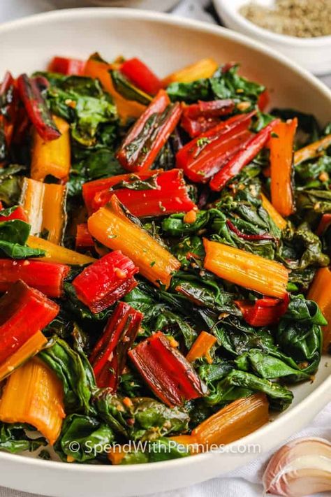 Swiss Chard is a simple side dish that only uses a handful of ingredients! In 15 minutes, this healthy, flavorful dish is ready to go! #spendwithpennies #garlicbutterswisschard #recipe #sidedish #veggie #sauteed Chard Recipes Easy, Cooking Swiss Chard, Chard Recipes Healthy, Swiss Chard Recipes Easy, Rainbow Chard Recipes, Easy Homemade Lasagna, Sauteed Swiss Chard, Swiss Chard Recipes, Chard Recipes