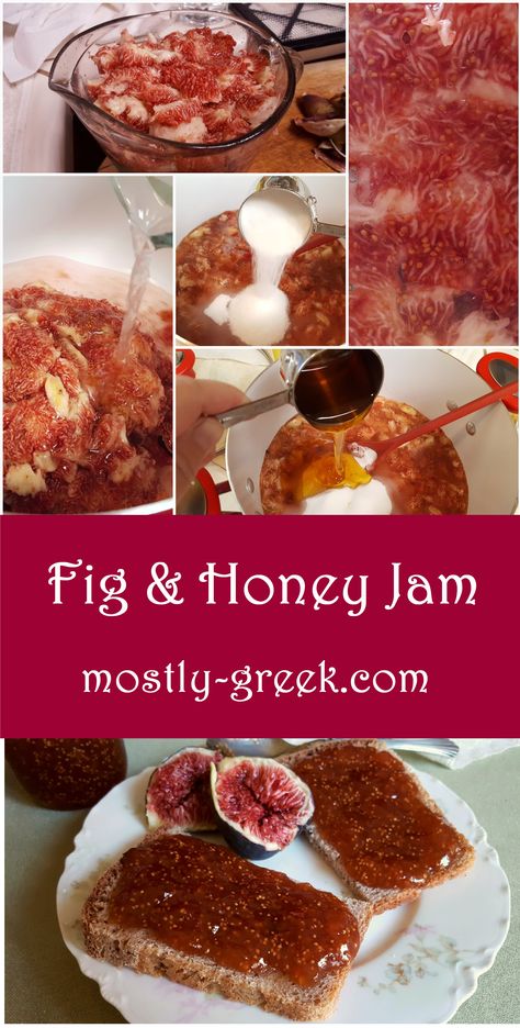 In the right climate, figs produce an obscene amount of fruit.  So much that you let the birds have a little, too.  Thankfully they freeze and dry well, but better yet, they make an amazing jam.  Greeks love figs, and when they're made into jam with golden honey, what's not to love?!  #mostlygreek #greekfood #greekcooking #fig #figs #jam #jelly #preserves #jamrecipe #jellyrecipe #canning #figjam Fig Honey Jam, Figs Breakfast, Fig Preserves Recipe, Homemade Fig Jam, Molecular Gastronomy Recipes, Honey Jam, Butter Pickles, Fig Recipes, Greek Cooking