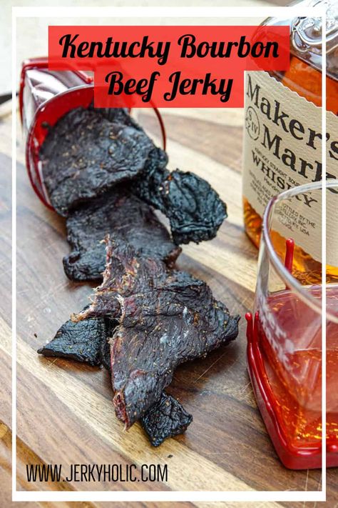 Kentucky Bourbon Beef Jerky Bbq Beef Jerky Recipe, Deer Jerkey, Jerky Seasoning Recipe, Bourbon Beef, Jerky Marinade Recipes, Beef Jerky Recipe Dehydrator, Beef Jerky Marinade, Homemade Beef Jerky Recipe, Jerky Recipes Dehydrator