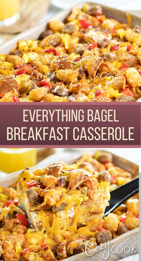 everything bagel breakfast casserole with sausage, eggs, cheese, and vegetables in a casserole dish Breakfast Casserole With Bagels, Everything Bagel Breakfast Casserole, Bagel Breakfast Casserole, Everything Bagel Breakfast, Crispy Breakfast Potatoes, Bagel Breakfast, Casserole Breakfast, Cozy Cook, Make Ahead Breakfast Casserole